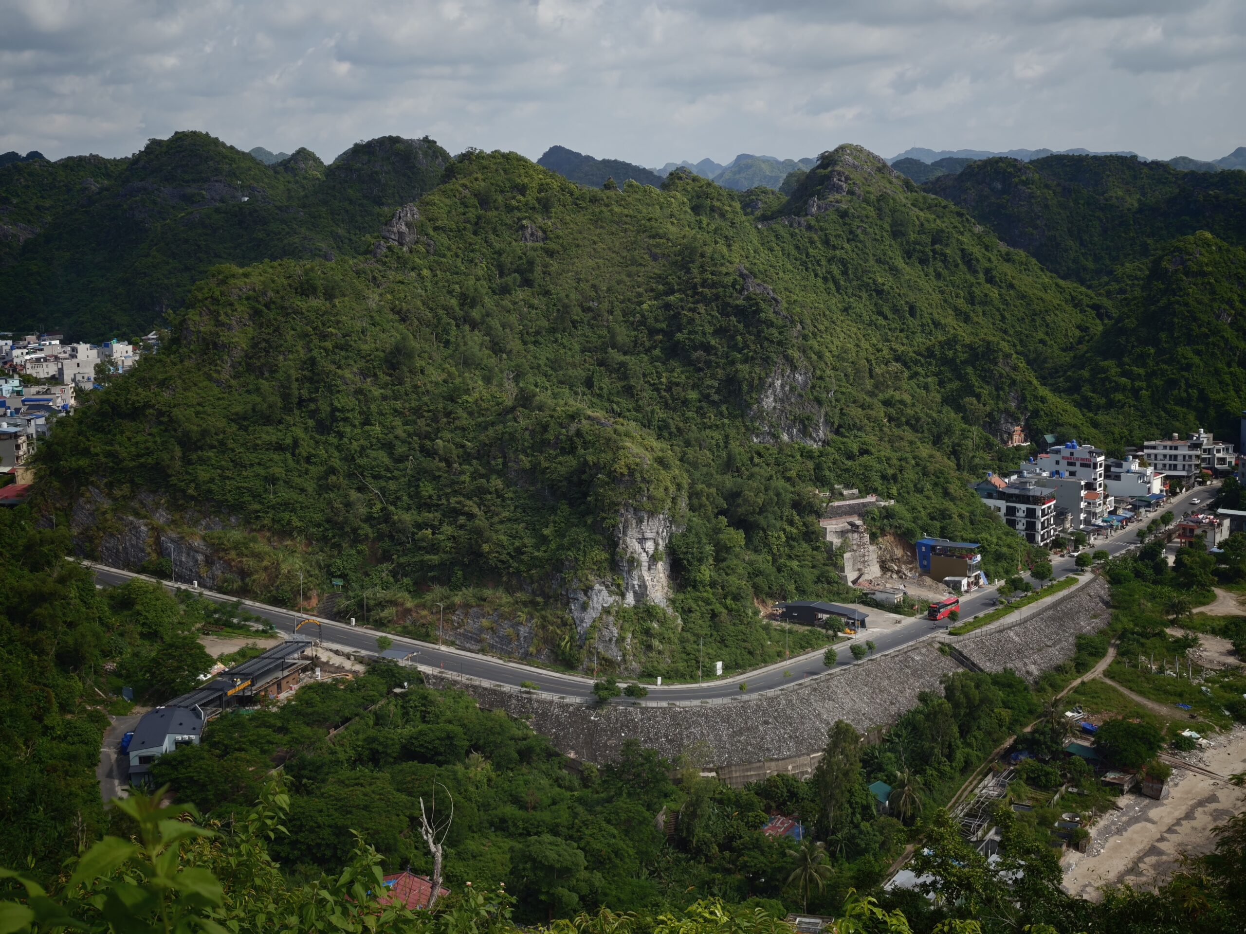 High view over Cát Bà town and green limestone mountains