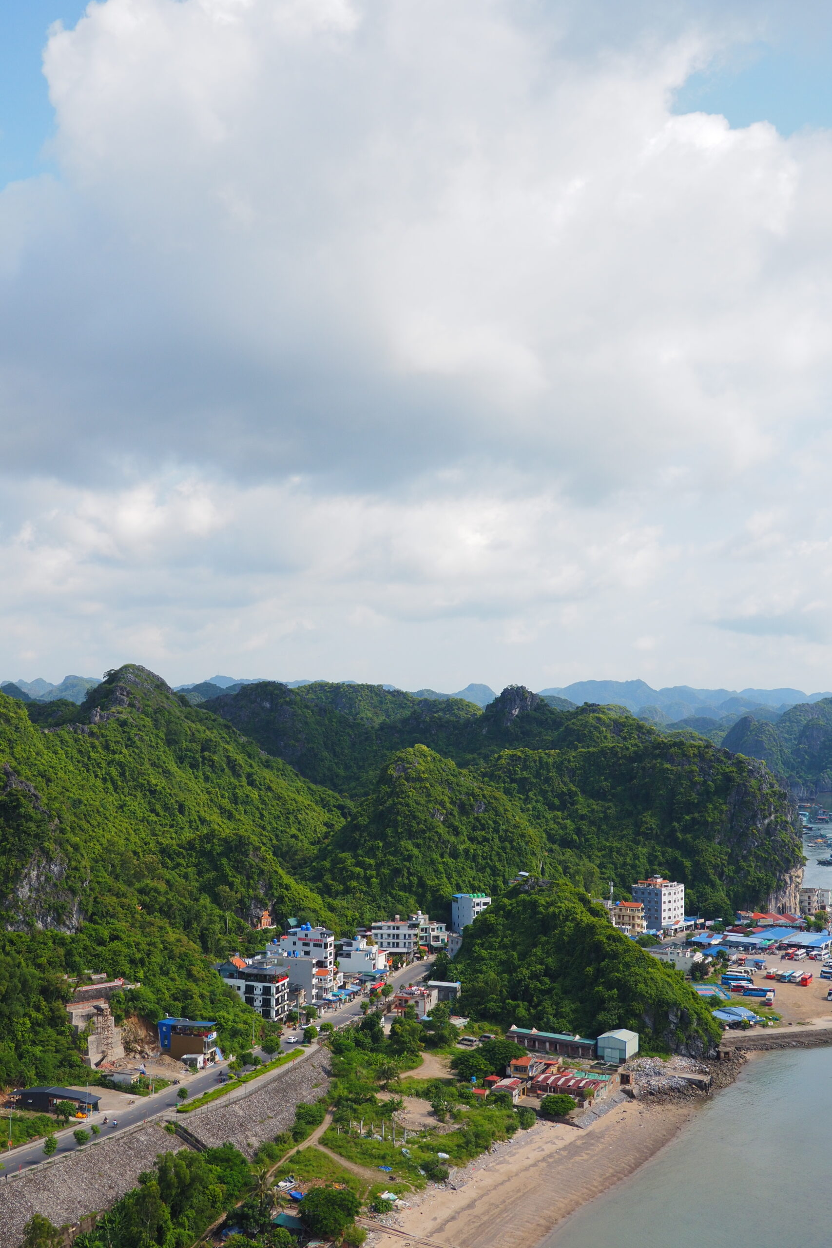 Cát Bà town below bright green limestone hills